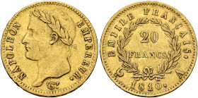 FRANCE, Premier Empire. Napoléon I, 1804-1814, 1815. 20 Francs 1810 A (Gold, 21 mm, 6.42 g, 6 h), Paris. NAPOLEON - EMPEREUR. Laureate head of Napoléo...