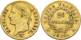 FRANCE, Premier Empire. Napoléon I, 1804-1814, 1815. 20 Francs 1810 A (Gold, 21 mm, 6.39 g, 6 h), Paris. NAPOLEON - EMPEREUR. Laureate head of Napoléo...