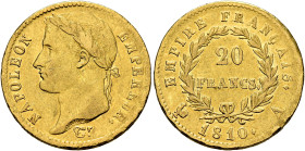 FRANCE, Premier Empire. Napoléon I, 1804-1814, 1815. 20 Francs 1810 A (Gold, 21 mm, 6.39 g, 6 h), Paris. NAPOLEON - EMPEREUR. Laureate head of Napoléo...
