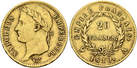 FRANCE, Premier Empire. Napoléon I, 1804-1814, 1815. 20 Francs 1810 A (Gold, 21 mm, 6.42 g, 6 h), Paris. NAPOLEON - EMPEREUR. Laureate head of Napoléo...