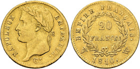 FRANCE, Premier Empire. Napoléon I, 1804-1814, 1815. 20 Francs 1810 W (Gold, 21 mm, 6.38 g, 6 h), Lille. NAPOLEON - EMPEREUR. Laureate head of Napoléo...