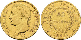 FRANCE, Premier Empire. Napoléon I, 1804-1814, 1815. 40 Francs 1811 A (Gold, 26 mm, 12.82 g, 6 h), Paris. NAPOLEON - EMPEREUR. Laureate head of Napolé...