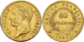 FRANCE, Premier Empire. Napoléon I, 1804-1814, 1815. 40 Francs 1811 A (Gold, 25 mm, 12.89 g, 6 h), Paris. NAPOLEON - EMPEREUR. Laureate head of Napolé...