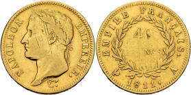 FRANCE, Premier Empire. Napoléon I, 1804-1814, 1815. 40 Francs 1811 A (Gold, 26 mm, 12.78 g, 6 h), Paris. NAPOLEON - EMPEREUR. Laureate head of Napolé...