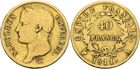 FRANCE, Premier Empire. Napoléon I, 1804-1814, 1815. 40 Francs 1811 A (Gold, 26 mm, 12.48 g, 6 h), Paris. NAPOLEON - EMPEREUR. Laureate head of Napolé...