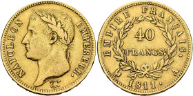 FRANCE, Premier Empire. Napoléon I, 1804-1814, 1815. 40 Francs 1811 A (Gold, 26 mm, 12.82 g, 5 h), Paris. NAPOLEON - EMPEREUR. Laureate head of Napolé...