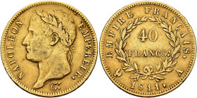FRANCE, Premier Empire. Napoléon I, 1804-1814, 1815. 40 Francs 1811 A (Gold, 26 mm, 12.80 g, 6 h), Paris. NAPOLEON - EMPEREUR. Laureate head of Napolé...