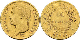 FRANCE, Premier Empire. Napoléon I, 1804-1814, 1815. 40 Francs 1811 A (Gold, 26 mm, 12.86 g, 6 h), Paris. NAPOLEON - EMPEREUR. Laureate head of Napolé...