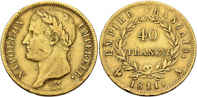 FRANCE, Premier Empire. Napoléon I, 1804-1814, 1815. 40 Francs 1811 A (Gold, 26 mm, 12.80 g, 6 h), Paris. NAPOLEON - EMPEREUR. Laureate head of Napolé...