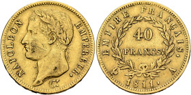 FRANCE, Premier Empire. Napoléon I, 1804-1814, 1815. 40 Francs 1811 A (Gold, 26 mm, 12.86 g, 6 h), Paris. NAPOLEON - EMPEREUR. Laureate head of Napolé...