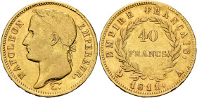 FRANCE, Premier Empire. Napoléon I, 1804-1814, 1815. 40 Francs 1811 A (Gold, 26 mm, 12.82 g, 6 h), Paris. NAPOLEON - EMPEREUR. Laureate head of Napolé...