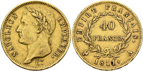 FRANCE, Premier Empire. Napoléon I, 1804-1814, 1815. 40 Francs 1811 A (Gold, 26 mm, 12.88 g, 6 h), Paris. NAPOLEON - EMPEREUR. Laureate head of Napolé...