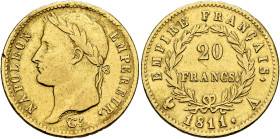 FRANCE, Premier Empire. Napoléon I, 1804-1814, 1815. 20 Francs 1811 A (Gold, 21 mm, 6.40 g, 6 h), Paris. NAPOLEON - EMPEREUR. Laureate head of Napoléo...