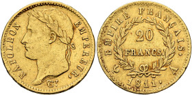 FRANCE, Premier Empire. Napoléon I, 1804-1814, 1815. 20 Francs 1811 A (Gold, 21 mm, 6.42 g, 6 h), Paris. NAPOLEON - EMPEREUR. Laureate head of Napoléo...
