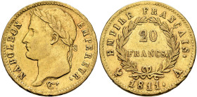 FRANCE, Premier Empire. Napoléon I, 1804-1814, 1815. 20 Francs 1811 A (Gold, 21 mm, 6.40 g, 6 h), Paris. NAPOLEON - EMPEREUR. Laureate head of Napoléo...