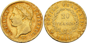 FRANCE, Premier Empire. Napoléon I, 1804-1814, 1815. 20 Francs 1811 A (Gold, 21 mm, 6.40 g, 6 h), Paris. NAPOLEON - EMPEREUR. Laureate head of Napoléo...