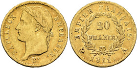 FRANCE, Premier Empire. Napoléon I, 1804-1814, 1815. 20 Francs 1811 A (Gold, 21 mm, 6.40 g, 6 h), Paris. NAPOLEON - EMPEREUR. Laureate head of Napoléo...
