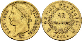 FRANCE, Premier Empire. Napoléon I, 1804-1814, 1815. 20 Francs 1811 W (Gold, 21 mm, 6.43 g, 6 h), Lille. NAPOLEON - EMPEREUR. Laureate head of Napoléo...