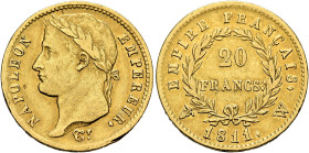 FRANCE, Premier Empire. Napoléon I, 1804-1814, 1815. 20 Francs 1811 W (Gold, 21 mm, 6.38 g, 6 h), Lille. NAPOLEON - EMPEREUR. Laureate head of Napoléo...