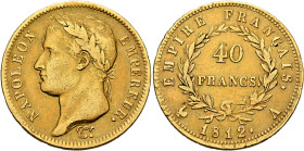FRANCE, Premier Empire. Napoléon I, 1804-1814, 1815. 40 Francs 1812 A (Gold, 27 mm, 12.81 g, 6 h), Paris. NAPOLEON - EMPEREUR. Laureate head of Napolé...