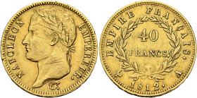 FRANCE, Premier Empire. Napoléon I, 1804-1814, 1815. 40 Francs 1812 A (Gold, 26 mm, 12.87 g, 6 h), Paris. NAPOLEON - EMPEREUR. Laureate head of Napolé...