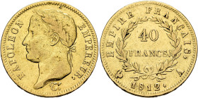 FRANCE, Premier Empire. Napoléon I, 1804-1814, 1815. 40 Francs 1812 A (Gold, 26 mm, 12.79 g, 6 h), Paris. NAPOLEON - EMPEREUR. Laureate head of Napolé...