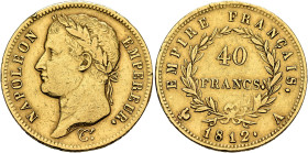 FRANCE, Premier Empire. Napoléon I, 1804-1814, 1815. 40 Francs 1812 A (Gold, 26 mm, 12.86 g, 6 h), Paris. NAPOLEON - EMPEREUR. Laureate head of Napolé...
