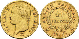 FRANCE, Premier Empire. Napoléon I, 1804-1814, 1815. 40 Francs 1812 A (Gold, 26 mm, 12.84 g, 6 h), Paris. NAPOLEON - EMPEREUR. Laureate head of Napolé...