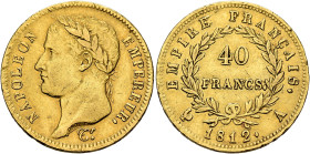 FRANCE, Premier Empire. Napoléon I, 1804-1814, 1815. 40 Francs 1812 A (Gold, 26 mm, 12.86 g, 6 h), Paris. NAPOLEON - EMPEREUR. Laureate head of Napolé...