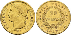 FRANCE, Premier Empire. Napoléon I, 1804-1814, 1815. 20 Francs 1812 A (Gold, 21 mm, 6.42 g, 6 h), Paris. NAPOLEON - EMPEREUR. Laureate head of Napoléo...