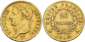 FRANCE, Premier Empire. Napoléon I, 1804-1814, 1815. 20 Francs 1812 A (Gold, 21 mm, 6.40 g, 6 h), Paris. NAPOLEON - EMPEREUR. Laureate head of Napoléo...