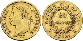 FRANCE, Premier Empire. Napoléon I, 1804-1814, 1815. 20 Francs 1813 A (Gold, 21 mm, 6.38 g, 6 h), Paris. NAPOLEON - EMPEREUR. Laureate head of Napoléo...