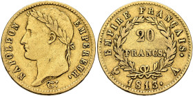 FRANCE, Premier Empire. Napoléon I, 1804-1814, 1815. 20 Francs 1813 A (Gold, 21 mm, 6.38 g, 6 h), Paris. NAPOLEON - EMPEREUR. Laureate head of Napoléo...