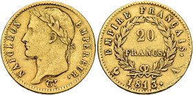 FRANCE, Premier Empire. Napoléon I, 1804-1814, 1815. 20 Francs 1813 A (Gold, 21 mm, 6.35 g, 5 h), Paris. NAPOLEON - EMPEREUR. Laureate head of Napoléo...