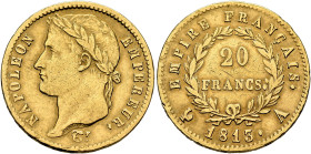 FRANCE, Premier Empire. Napoléon I, 1804-1814, 1815. 20 Francs 1813 A (Gold, 21 mm, 6.40 g, 6 h), Paris. NAPOLEON - EMPEREUR. Laureate head of Napoléo...