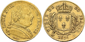 FRANCE, Royal (Restored). Louis XVIII, 1814-1824. 20 Francs 1814 A (Gold, 21 mm, 6.43 g, 6 h), Paris. LOUIS XVIII - ROI DE FRANCE Uniformed bust of Lo...