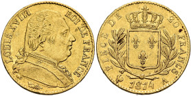 FRANCE, Royal (Restored). Louis XVIII, 1814-1824. 20 Francs 1814 A (Gold, 21 mm, 6.44 g, 5 h), Paris. LOUIS XVIII - ROI DE FRANCE Uniformed bust of Lo...