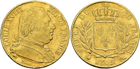 FRANCE, Royal (Restored). Louis XVIII, 1814-1824. 20 Francs 1815 A (Gold, 21 mm, 6.37 g, 5 h), Paris. LOUIS XVIII - ROI DE FRANCE Uniformed bust of Lo...