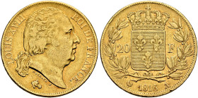 FRANCE, Royal (Restored). Louis XVIII, 1814-1824. 20 Francs 1816 A (Gold, 21 mm, 6.40 g, 6 h), Paris. LOUIS XVIII - ROI DE FRANCE Head of Louis XVIII ...