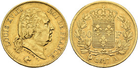 FRANCE, Royal (Restored). Louis XVIII, 1814-1824. 40 Francs 1817 A (Gold, 26 mm, 12.84 g, 6 h), Paris. LOUIS XVIII - ROI DE FRANCE Head of Louis XVIII...
