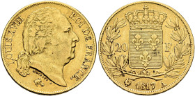 FRANCE, Royal (Restored). Louis XVIII, 1814-1824. 20 Francs 1817 A (Gold, 21 mm, 6.38 g, 6 h), Paris. LOUIS XVIII - ROI DE FRANCE Head of Louis XVIII ...