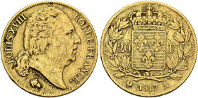 FRANCE, Royal (Restored). Louis XVIII, 1814-1824. 20 Francs 1817 A (Gold, 21 mm, 6.40 g, 6 h), Paris. LOUIS XVIII - ROI DE FRANCE Head of Louis XVIII ...