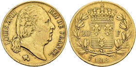 FRANCE, Royal (Restored). Louis XVIII, 1814-1824. 20 Francs 1818 W (Gold, 21 mm, 6.38 g, 6 h), Lille. LOUIS XVIII - ROI DE FRANCE Head of Louis XVIII ...
