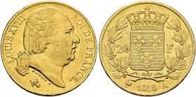 FRANCE, Royal (Restored). Louis XVIII, 1814-1824. 20 Francs 1818 A (Gold, 21 mm, 6.42 g, 5 h), Paris. LOUIS XVIII - ROI DE FRANCE Head of Louis XVIII ...