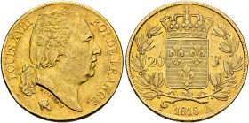 FRANCE, Royal (Restored). Louis XVIII, 1814-1824. 20 Francs 1818 A (Gold, 21 mm, 6.40 g, 6 h), Paris. LOUIS XVIII - ROI DE FRANCE Head of Louis XVIII ...
