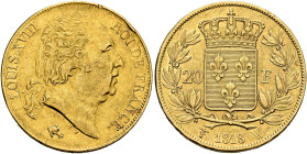 FRANCE, Royal (Restored). Louis XVIII, 1814-1824. 20 Francs 1818 W (Gold, 21 mm, 6.44 g, 6 h), Lille. LOUIS XVIII - ROI DE FRANCE Head of Louis XVIII ...
