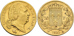 FRANCE, Royal (Restored). Louis XVIII, 1814-1824. 20 Francs 1820 A (Gold, 21 mm, 6.45 g, 5 h), Paris. LOUIS XVIII - ROI DE FRANCE Head of Louis XVIII ...