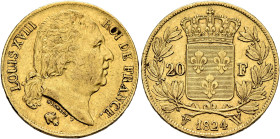 FRANCE, Royal (Restored). Louis XVIII, 1814-1824. 20 Francs 1824 W (Gold, 21 mm, 6.46 g, 6 h), Lille. LOUIS XVIII - ROI DE FRANCE Head of Louis XVIII ...