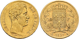 FRANCE, Royal (Restored). Charles X, 1824-1830. 20 Francs 1827 A (Gold, 21 mm, 6.41 g, 6 h), Paris. CHARLES X - ROI DE FRANCE Head of Charles X to rig...