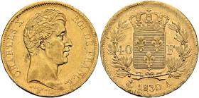 FRANCE, Royal (Restored). Charles X, 1824-1830. 40 Francs 1830 A (Gold, 26 mm, 12.86 g, 6 h), Paris. CHARLES X - ROI DE FRANCE Head of Charles X to ri...